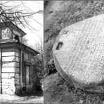 Kaplica Szretterów z 1777 roku (fotografia M. Sakalauskas z 1984 roku) oraz głaz z inskrypcją z grobu Karola Hermana de Perthees (fotografia A. Paulauskas 1978).