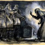 Trzech bohaterów odbiera magiczny młynek Sampo od wiedźmy Pohjoli. Rys. Nikolaja Koczergina.