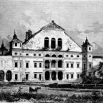 Nieistniejący już pałac Radziwiłłów w Białej Podlaskiej, rycina autorstwa Bronisława Podbielskiego. Zdj. Wikimedia Commons / PD.