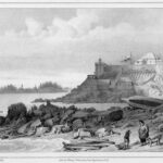 Nowy Archangielsk w 1827 r. Zamek i siedziba władz. Widoczna rosyjska flaga.